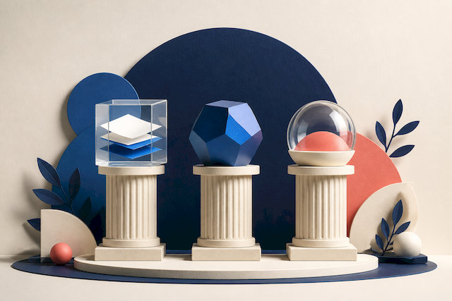 Trois formes équilibrées symbolisant clarté, raisonnement et transparence